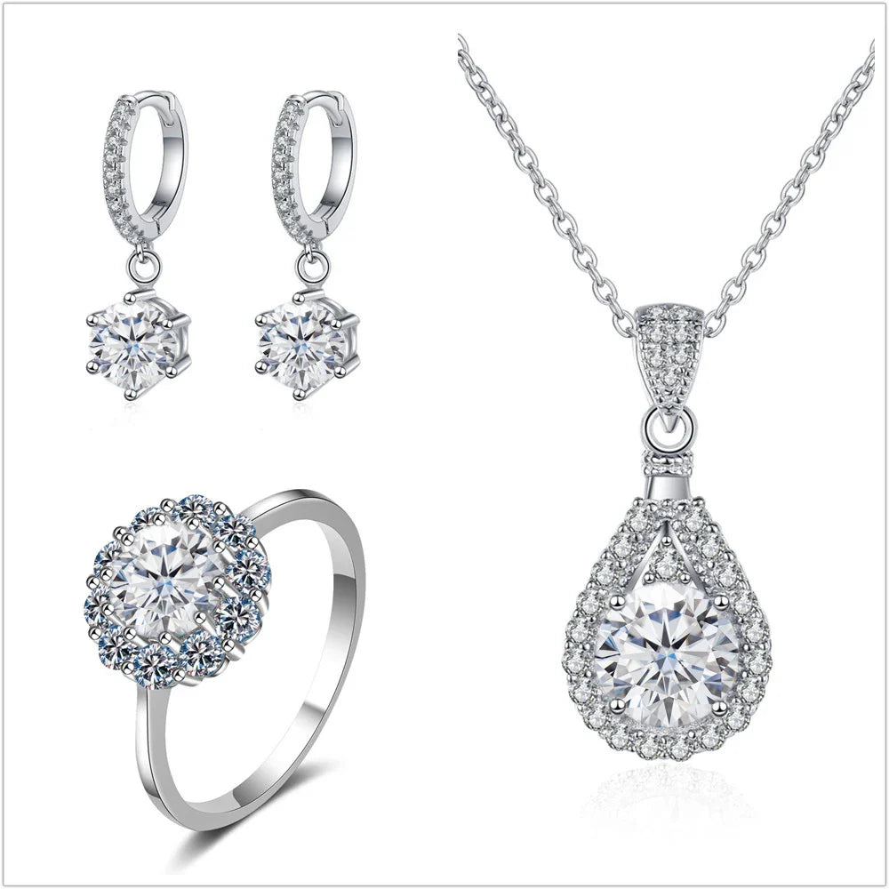 Moissanit Schmuckset 925 Sterling Silber Ring Ohrringe Anhänger Halskette Braut