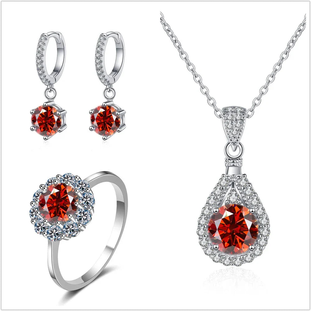 Moissanit Schmuckset 925 Sterling Silber Ring Ohrringe Anhänger Halskette Braut
