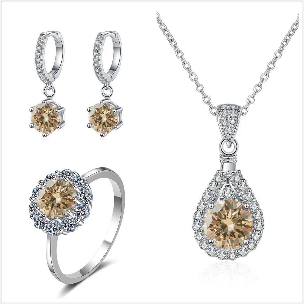 Moissanit Schmuckset 925 Sterling Silber Ring Ohrringe Anhänger Halskette Braut