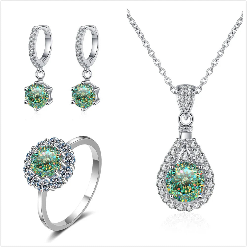Moissanit Schmuckset 925 Sterling Silber Ring Ohrringe Anhänger Halskette Braut