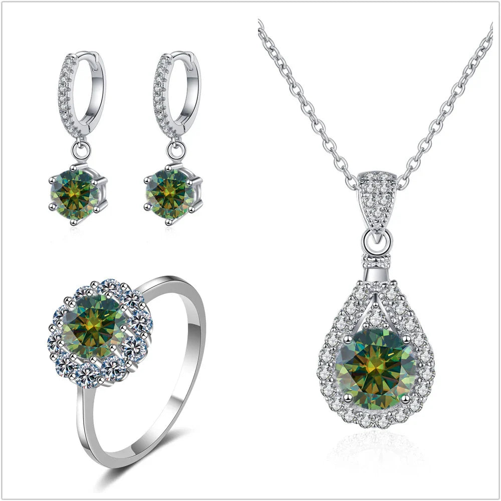 Moissanit Schmuckset 925 Sterling Silber Ring Ohrringe Anhänger Halskette Braut