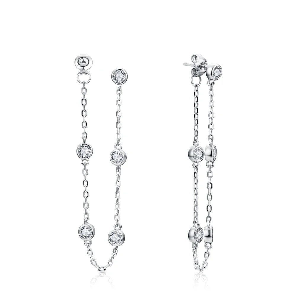 Moissanite Station Chain Drop Earrings in Sterling Silver