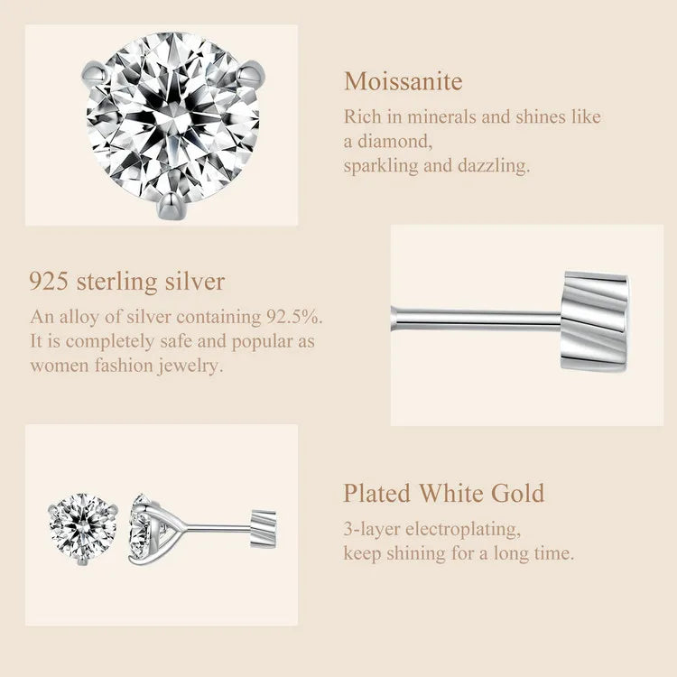 Moissanit 1 Karat runde Ohrstecker Schraubverschluss Platinbeschichtung S925 Minimalistisch