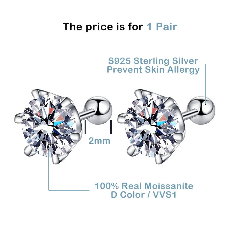 Six-Prong Moissanite Ball-Back Stud Earrings