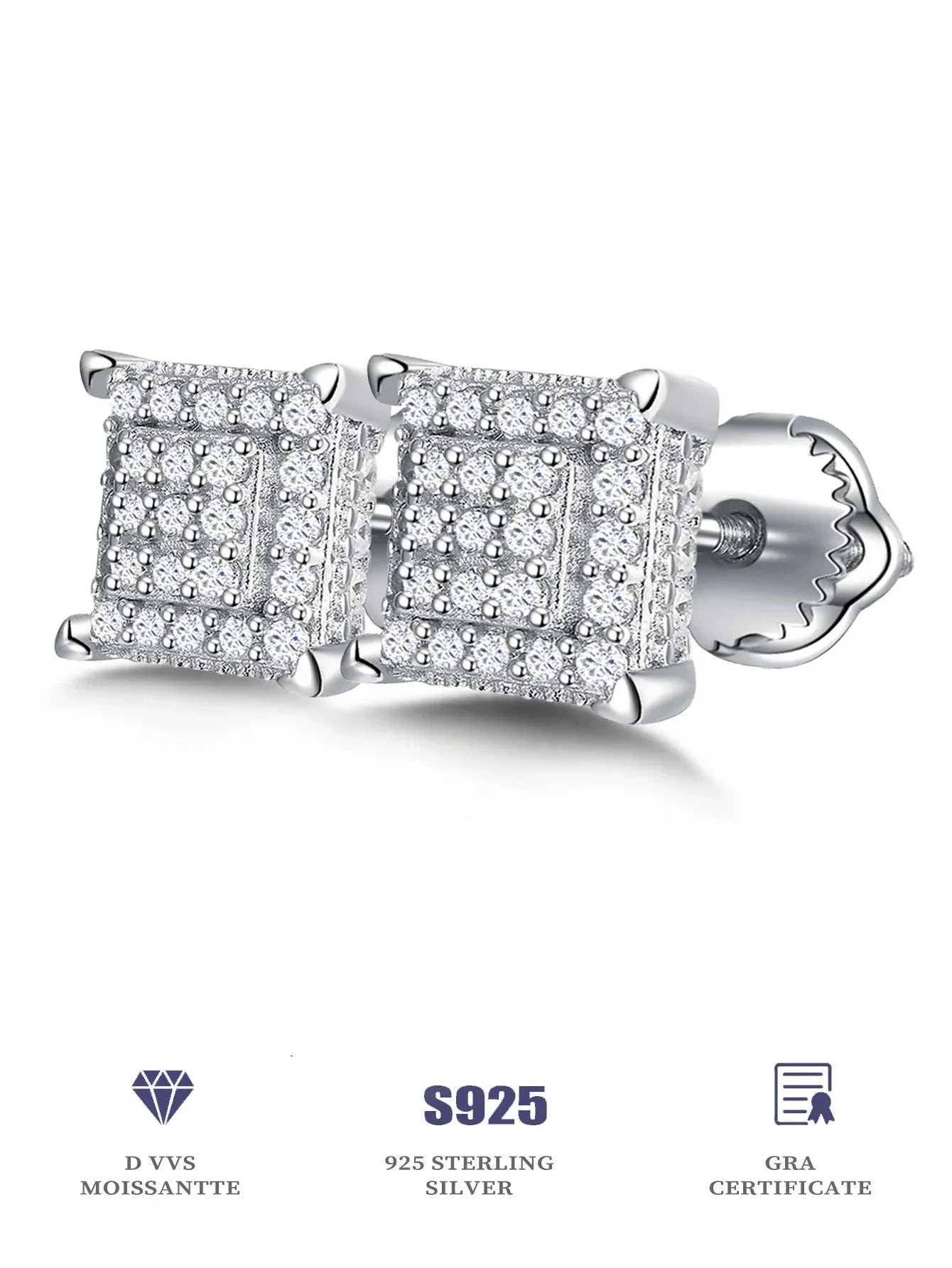 Moissanite Square Stud Earrings 925 Silver Solitaire CZ Look Bridal Engagement