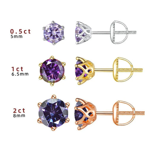 Puces d'oreilles en moissanite 0,5-2 carats en argent sterling S925, dos vissés à 6 griffes plaqué or 18 carats
