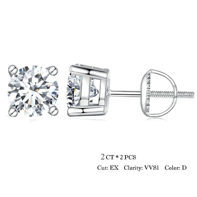 Moissanite Stud Earrings 2CT VVS1 925 Sterling Silver Screw Back Classic
