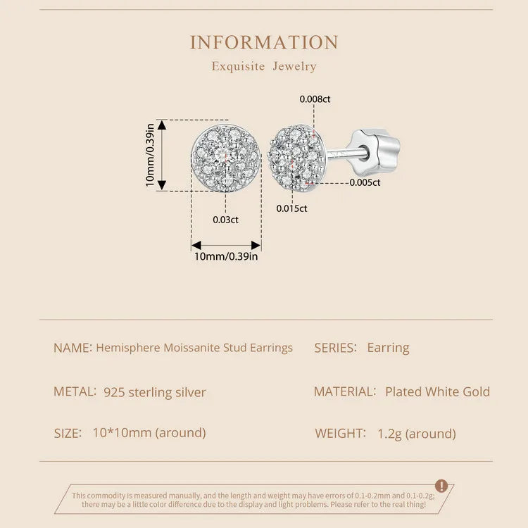 Puces d'oreilles Moissanite Hémisphère Argent Sterling 925 Éclatantes Pour Maman