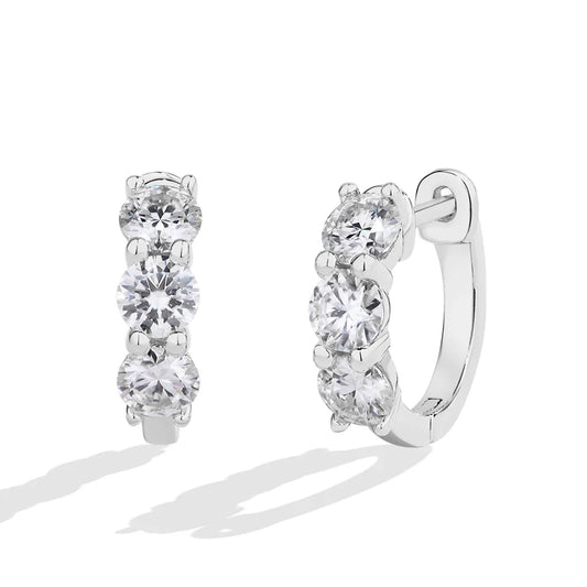 Moissanite Three-Stone Hoop Earrings 1.8 CTW Round Cut 925 Sterling Silver