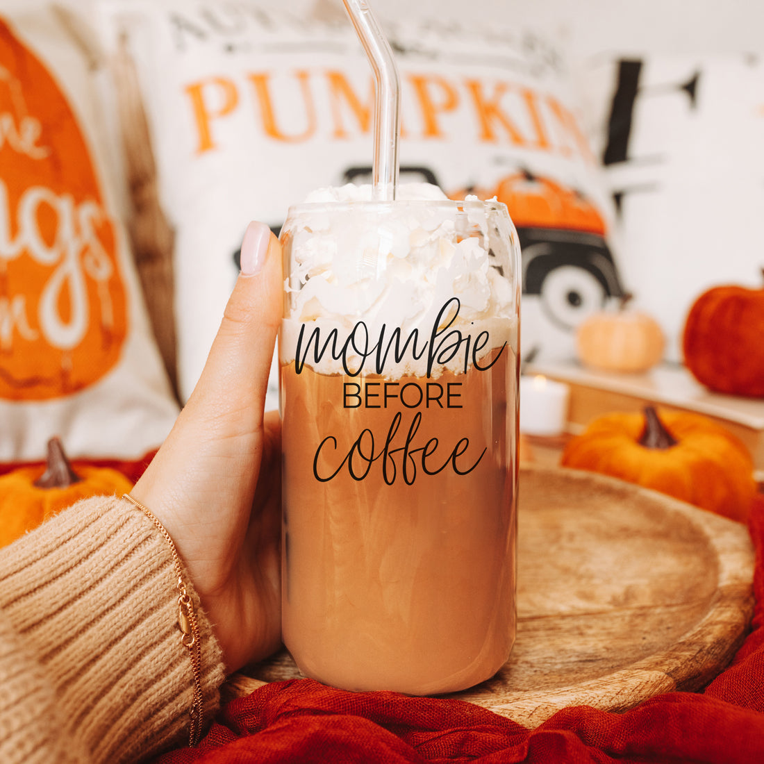 Gobelet en verre Mombie 20 oz avec couvercle en bambou, pailles en acier inoxydable, café Hocus Pocus J'ai besoin de café