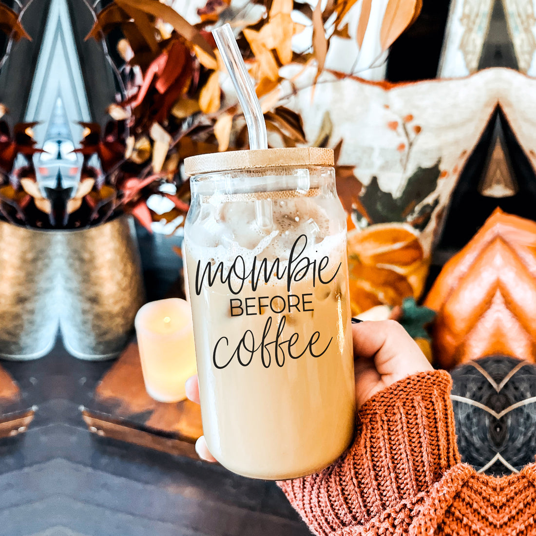 Mombie 20oz Glass Tumbler With Bamboo Lid Stainless Straws Coffee Hocus Pocus I Need Coffee