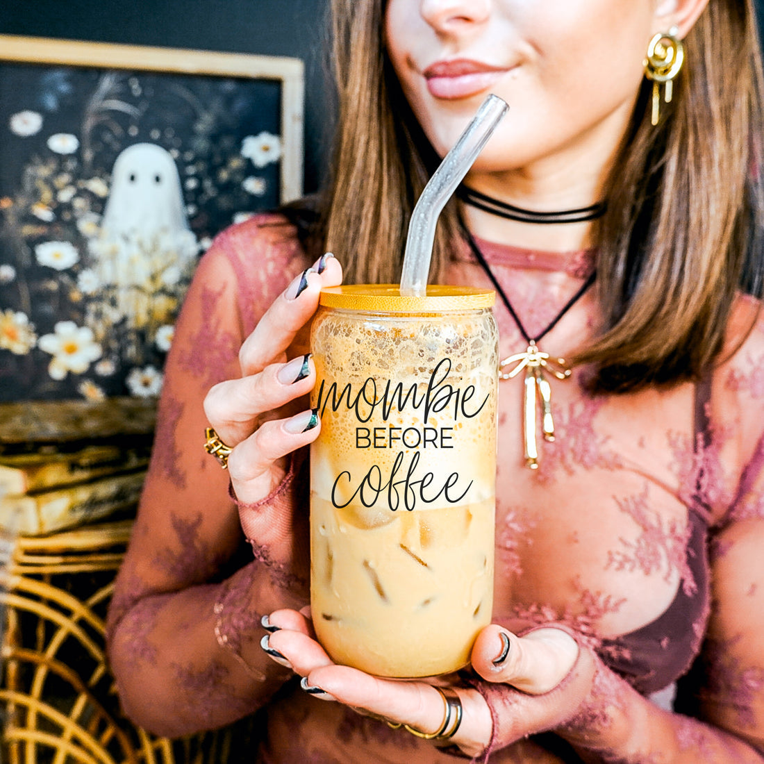 Gobelet en verre Mombie 20 oz avec couvercle en bambou, pailles en acier inoxydable, café Hocus Pocus J'ai besoin de café