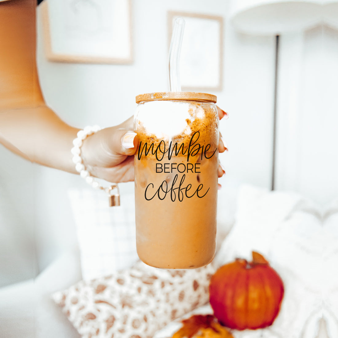 Mombie 20oz Glass Tumbler With Bamboo Lid Stainless Straws Coffee Hocus Pocus I Need Coffee
