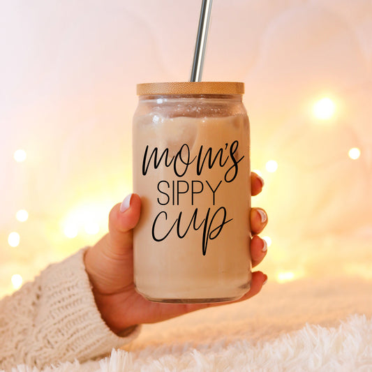 Gobelet en verre de 50 cl "Sippy" pour maman avec couvercle en bambou, 2 pailles en acier inoxydable et brosse de nettoyage