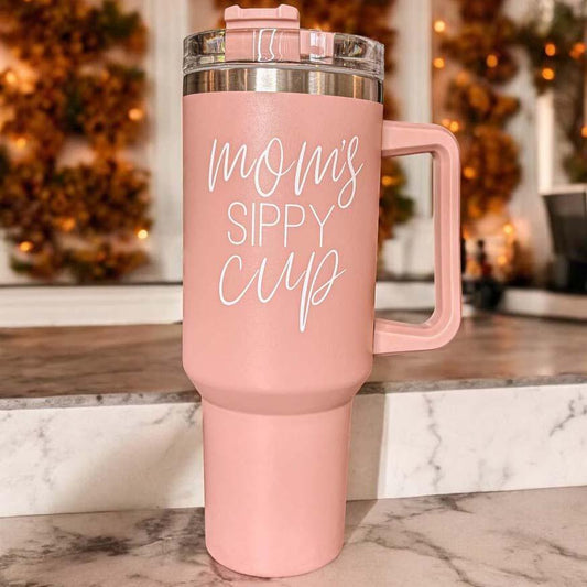 Gobelet isotherme 40 oz Mom's Sippy – Tasse de voyage rose avec couvercle et paille