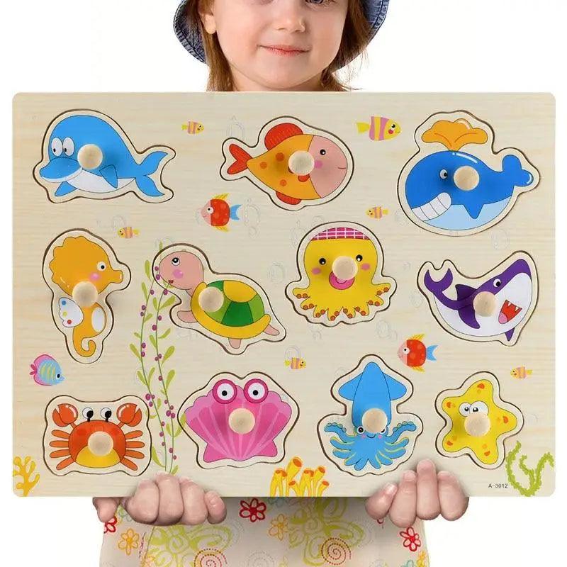 Montessori Wooden Puzzles Hand Grab Boards Toys Tangram Baby Educational Toys Cartoon Vehicle Animals Fruits 3D Puzzles