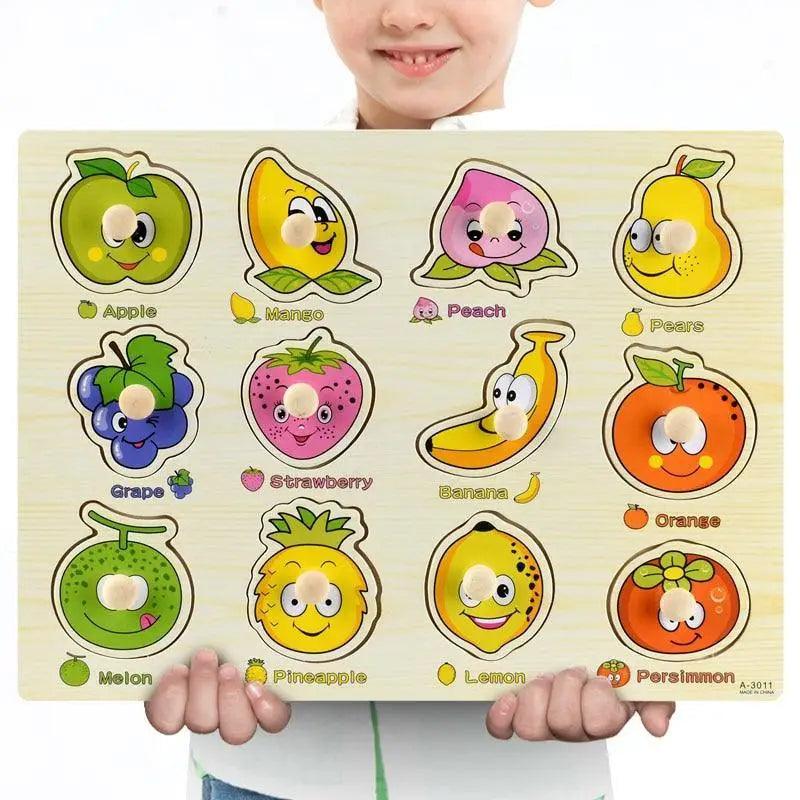 Montessori Wooden Puzzles Hand Grab Boards Toys Tangram Baby Educational Toys Cartoon Vehicle Animals Fruits 3D Puzzles
