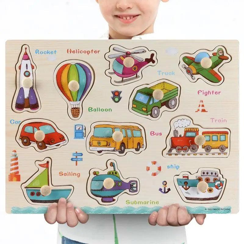 Montessori Wooden Puzzles Hand Grab Boards Toys Tangram Baby Educational Toys Cartoon Vehicle Animals Fruits 3D Puzzles
