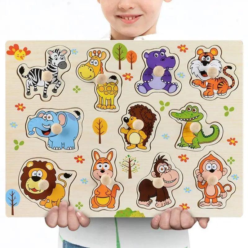 Montessori Wooden Puzzles Hand Grab Boards Toys Tangram Baby Educational Toys Cartoon Vehicle Animals Fruits 3D Puzzles