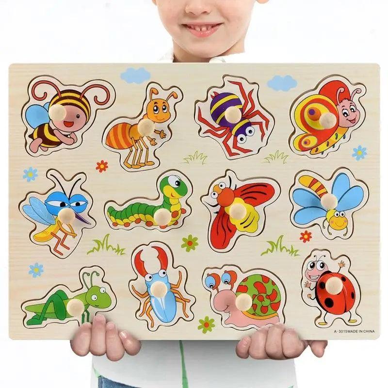 Montessori Wooden Puzzles Hand Grab Boards Toys Tangram Baby Educational Toys Cartoon Vehicle Animals Fruits 3D Puzzles