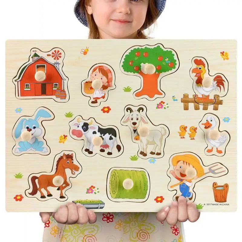 Montessori Wooden Puzzles Hand Grab Boards Toys Tangram Baby Educational Toys Cartoon Vehicle Animals Fruits 3D Puzzles
