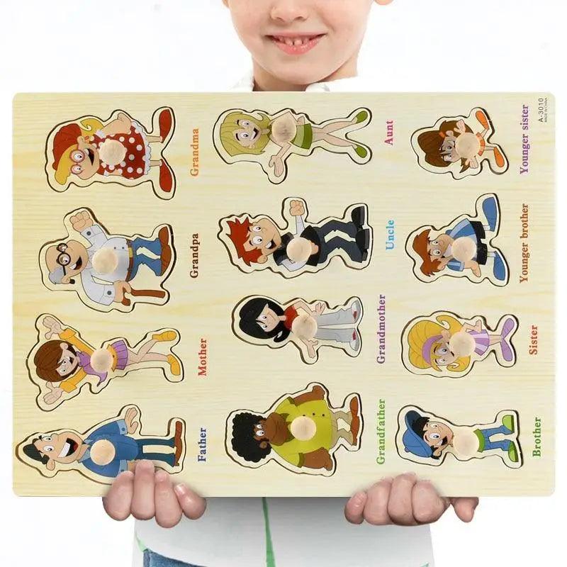 Montessori Wooden Puzzles Hand Grab Boards Toys Tangram Baby Educational Toys Cartoon Vehicle Animals Fruits 3D Puzzles