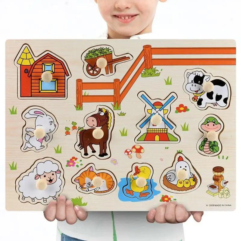 Montessori Wooden Puzzles Hand Grab Boards Toys Tangram Baby Educational Toys Cartoon Vehicle Animals Fruits 3D Puzzles