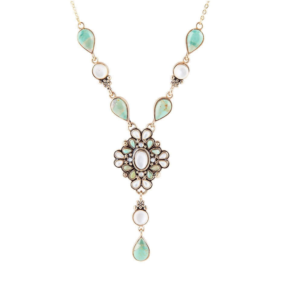 Collier en Y doré Barcelone Nacre Blanche et Turquoise Bleue
