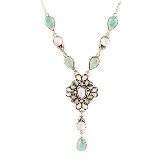 Collier en Y doré Barcelone Nacre Blanche et Turquoise Bleue