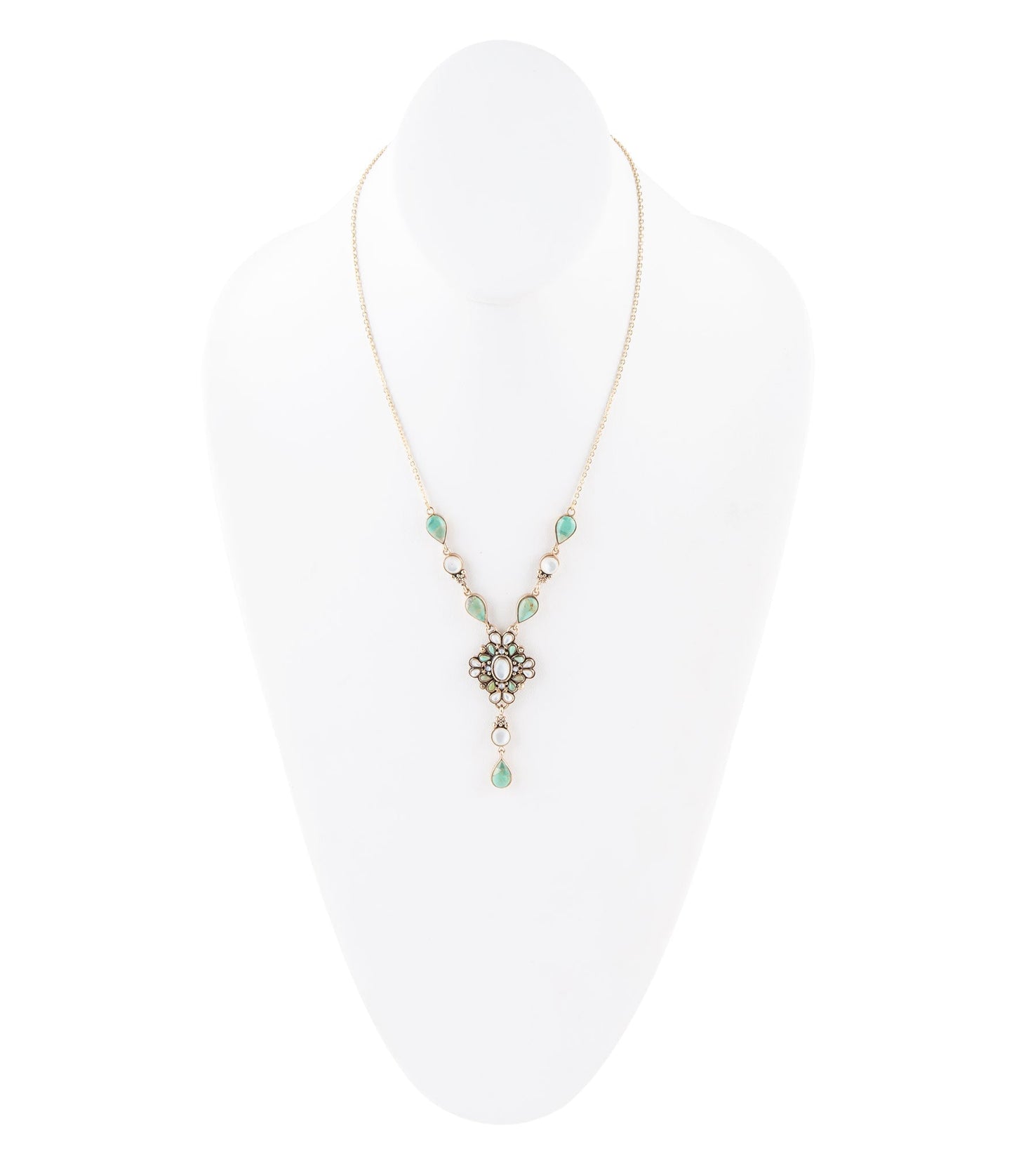 Collier en Y doré Barcelone Nacre Blanche et Turquoise Bleue