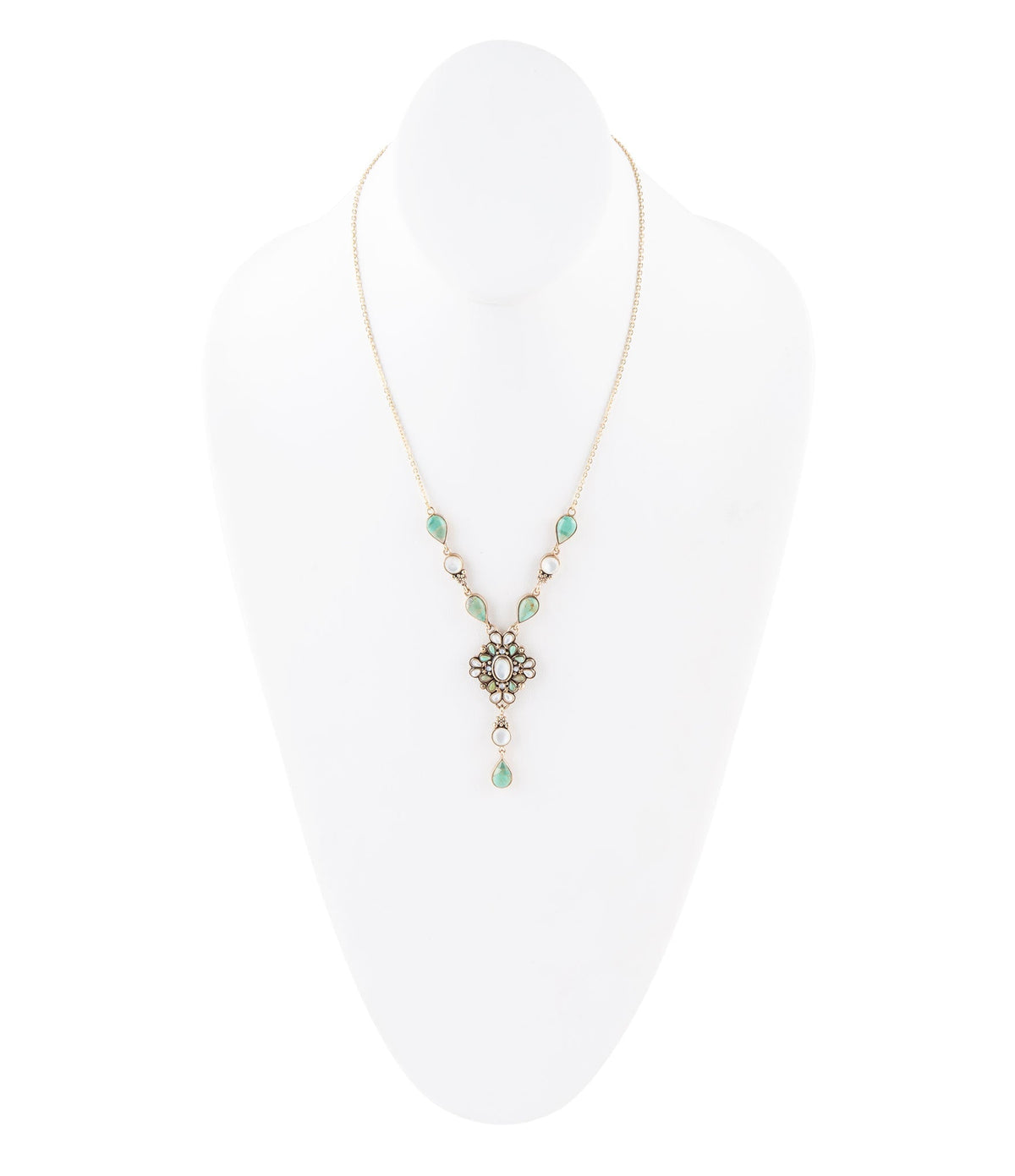 Collier en Y doré Barcelone Nacre Blanche et Turquoise Bleue