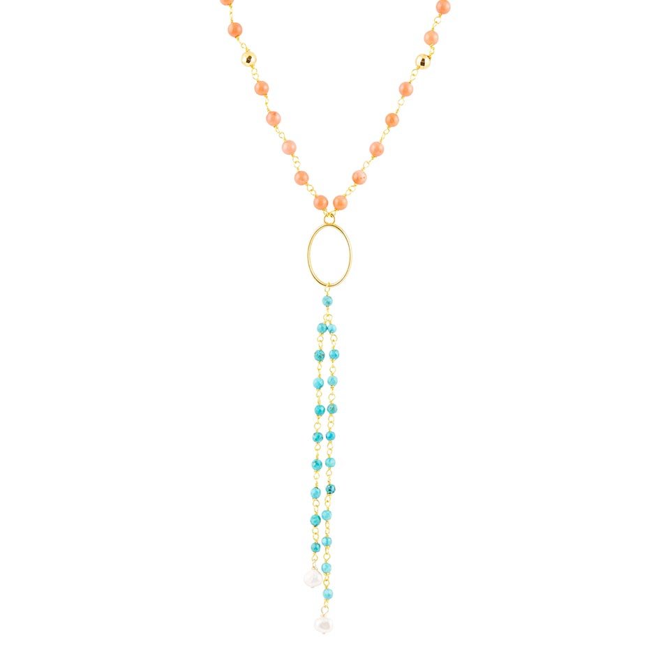 Multi Stein Orange Koralle Goldene Y-Kette