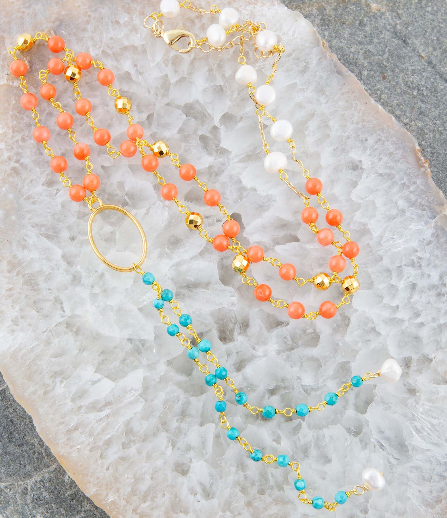 Multi Stein Orange Koralle Goldene Y-Kette