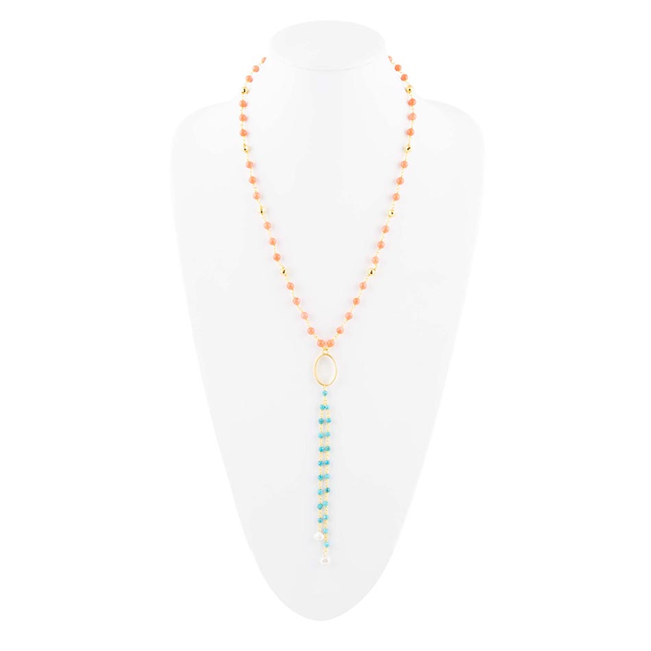 Multi Stein Orange Koralle Goldene Y-Kette