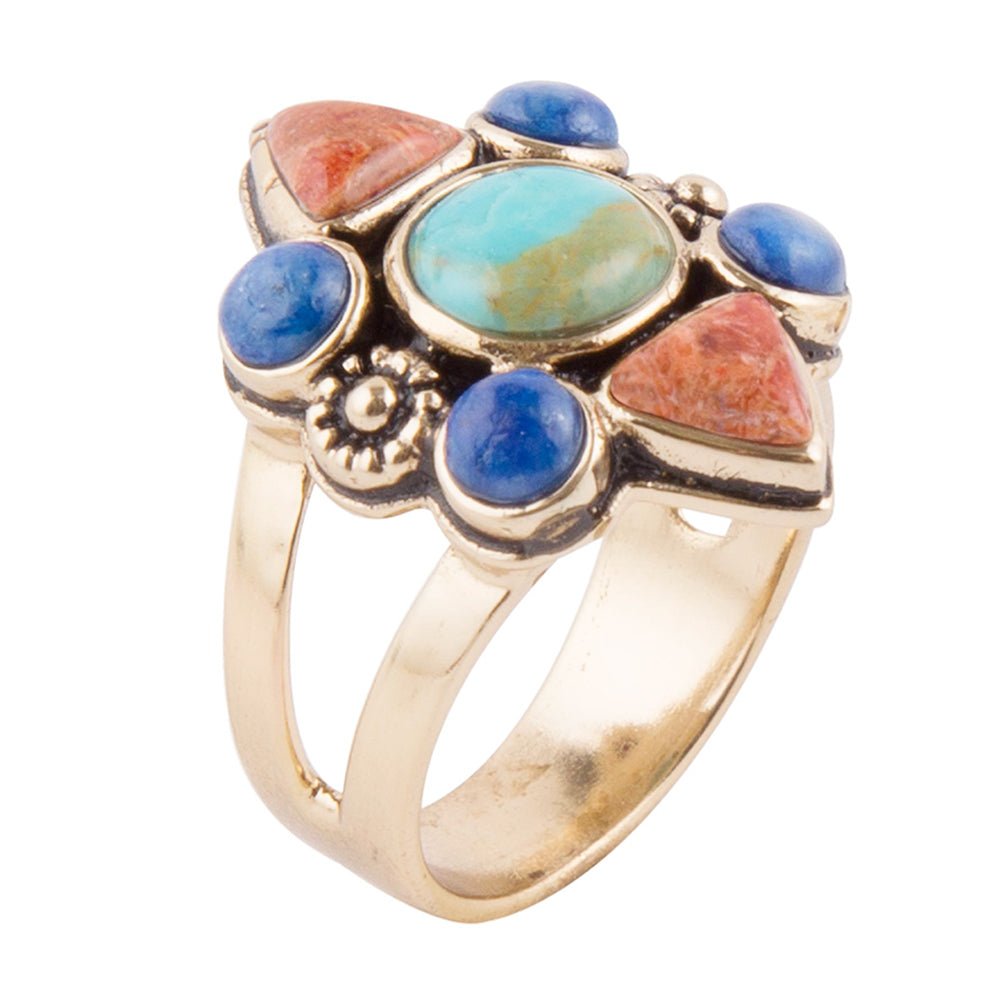 Blauer Türkis und bunter Multi-Stein goldener Statement-Ring
