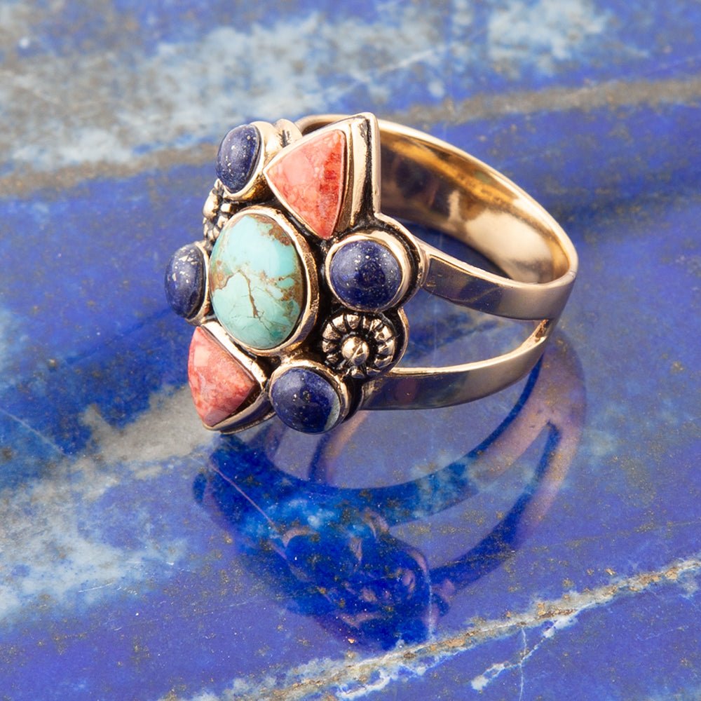 Blauer Türkis und bunter Multi-Stein goldener Statement-Ring