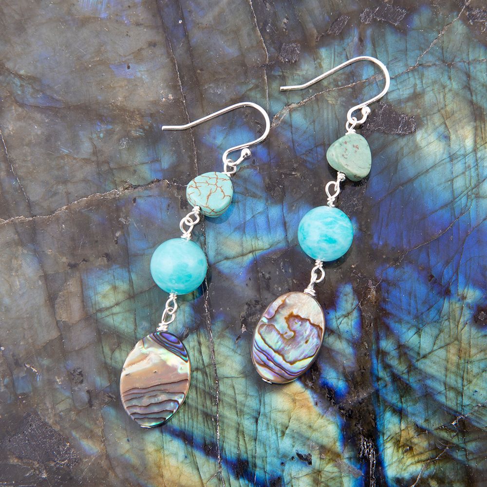 Ohrhänger aus Sterlingsilber mit mehrfarbiger Abalone und blauem Magnesit