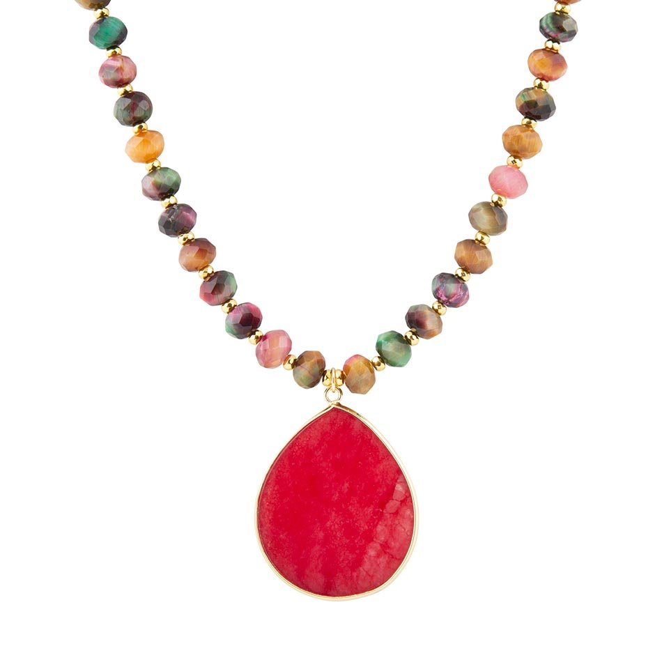 Collier doré avec pendentif œil de tigre multicolore orné de pierres précieuses et jade rose
