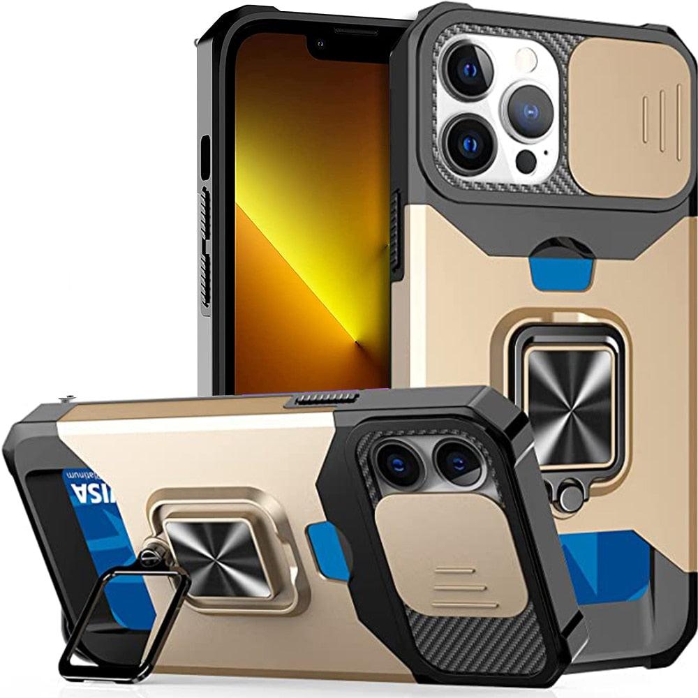 Multifunctional Card Holder Heavy Duty Protective iPhone Case For iPhone  14 13 12 11  Pro Max Slide Camera Kickstand Card Holder Slot Wallet Protective With Ring Stand Cover Magnetic Strong Phone Case