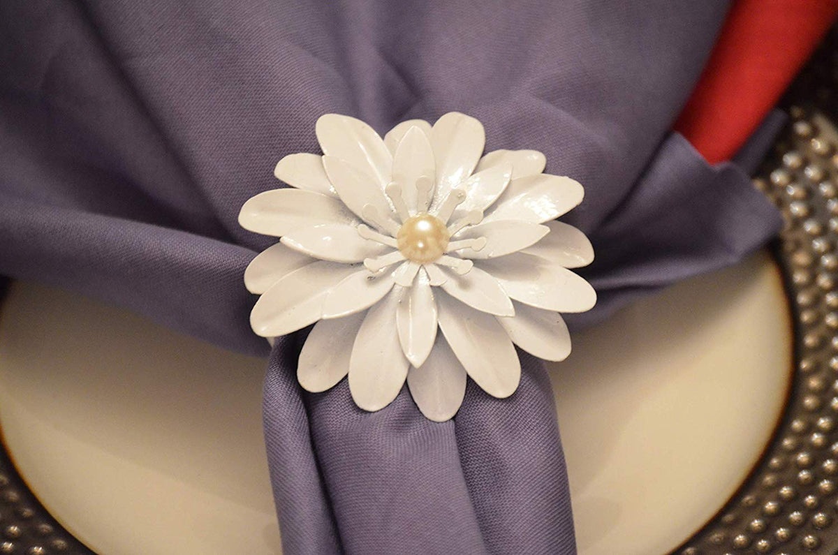 Vibhsa White Floral Napkin Rings | Set of 12, Pearl Accents, Handcrafted