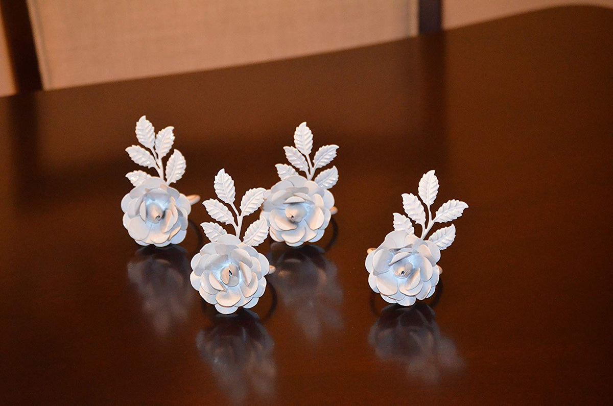 Vibhsa White Rose Napkin Rings | Set of 8, Handcrafted