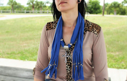 Collier Foulard Pendentif Croix Bleue Marine Pour Femmes