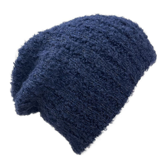 Navy Alpaca Beanie Loop Knit Slouchy Ribbed Stripe Soft Warm Winter Hat For Women And Men