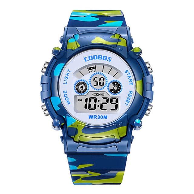 Navy Blue Camouflage Kids Watches LED Colorful Flash Digital Waterproof Date Week Creative Children Watch Sport Multi Function 30M Waterproof LED Alarm Stopwatch Digital Child Wristwatch For Boy Girl