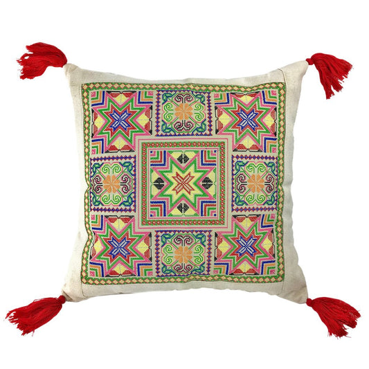 Needlepoint Tassel Pillow Cover Embroidered Cotton Boho Hmong Tribal Cushion