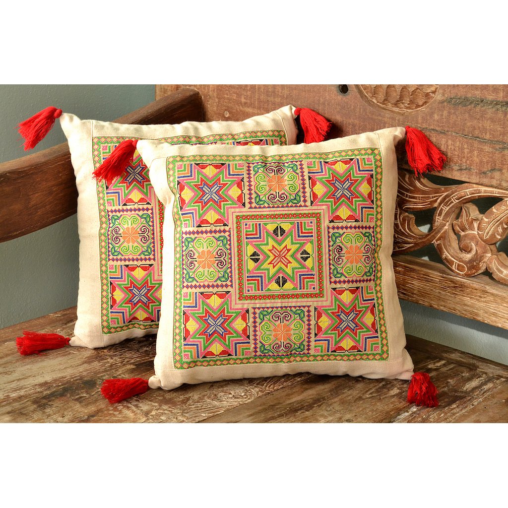 Needlepoint Tassel Pillow Cover Embroidered Cotton Boho Hmong Tribal Cushion