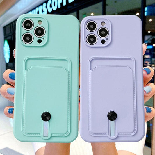 New Candy Color Wallet Card Case For iPhone 13 11 12 14 Pro Max Soft Silicone Shockproof Cover Silicone Protective Case Soft Slim Card Slot Case Compatible with iPhone 11 Purple Phone Case