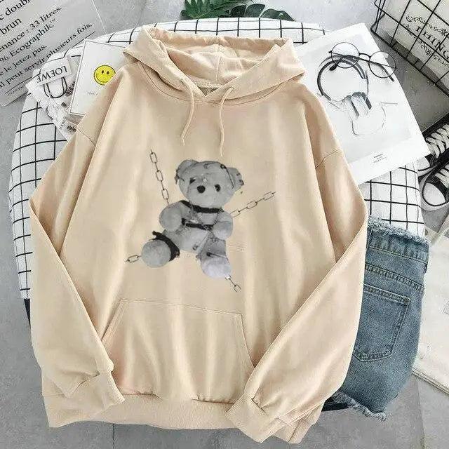 New Dark Hoodies Women Sweatshirts Female Casual Fashion Vintage Oversized Punk Fun Hip Hop Long Bear Long Sleeve Drawstring Hoodie Sweatshirt