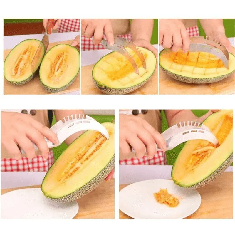 Nouveau 1pc Acier Inoxydable Coupe-Pastèque Couteau De Fruits Outils De Cuisine Gadgets Cuillères À Pastèque Écologiques