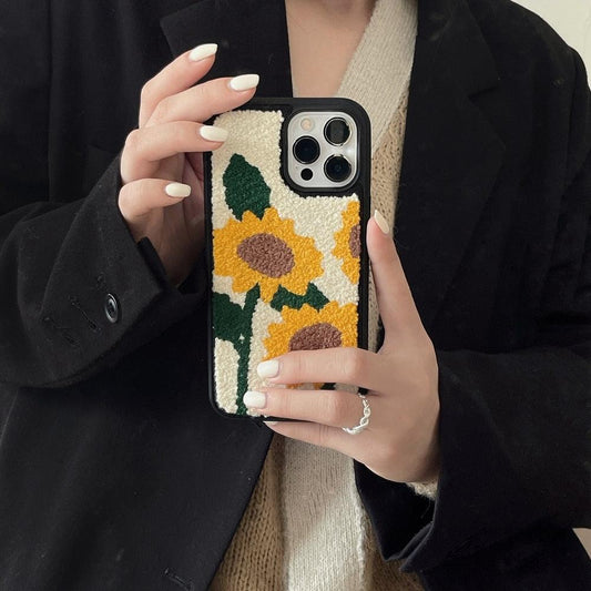 New Vintage Sun Flower Phone Cover For iPhone 11 12 13 Pro Max Xr X Xs Winter Aesthetic Fuzzy Plush Shockproof Case Black Floral Design Slim Soft Bumper Comfortable Grip